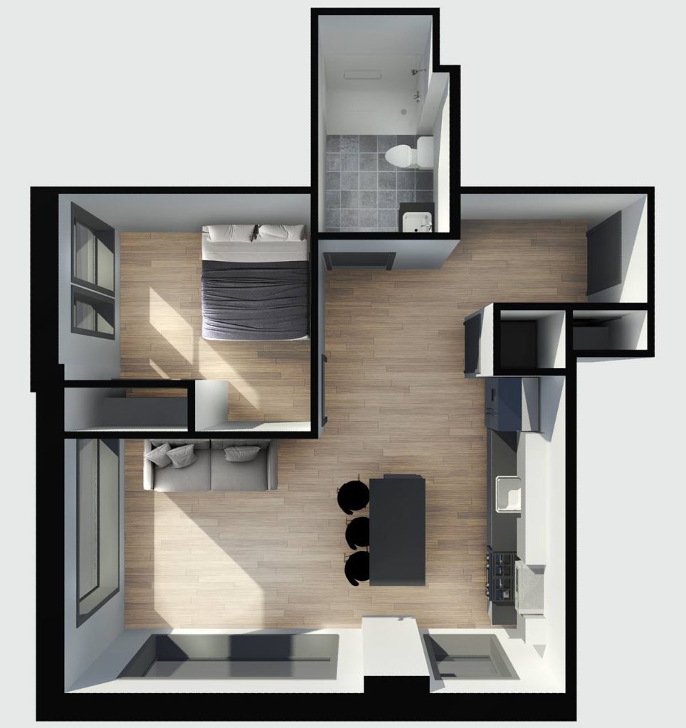 3D floor plan of a modern one-bedroom apartment with a kitchen, dining area, living room, bathroom, and bedroom, all with wood flooring except the tiled bathroom.