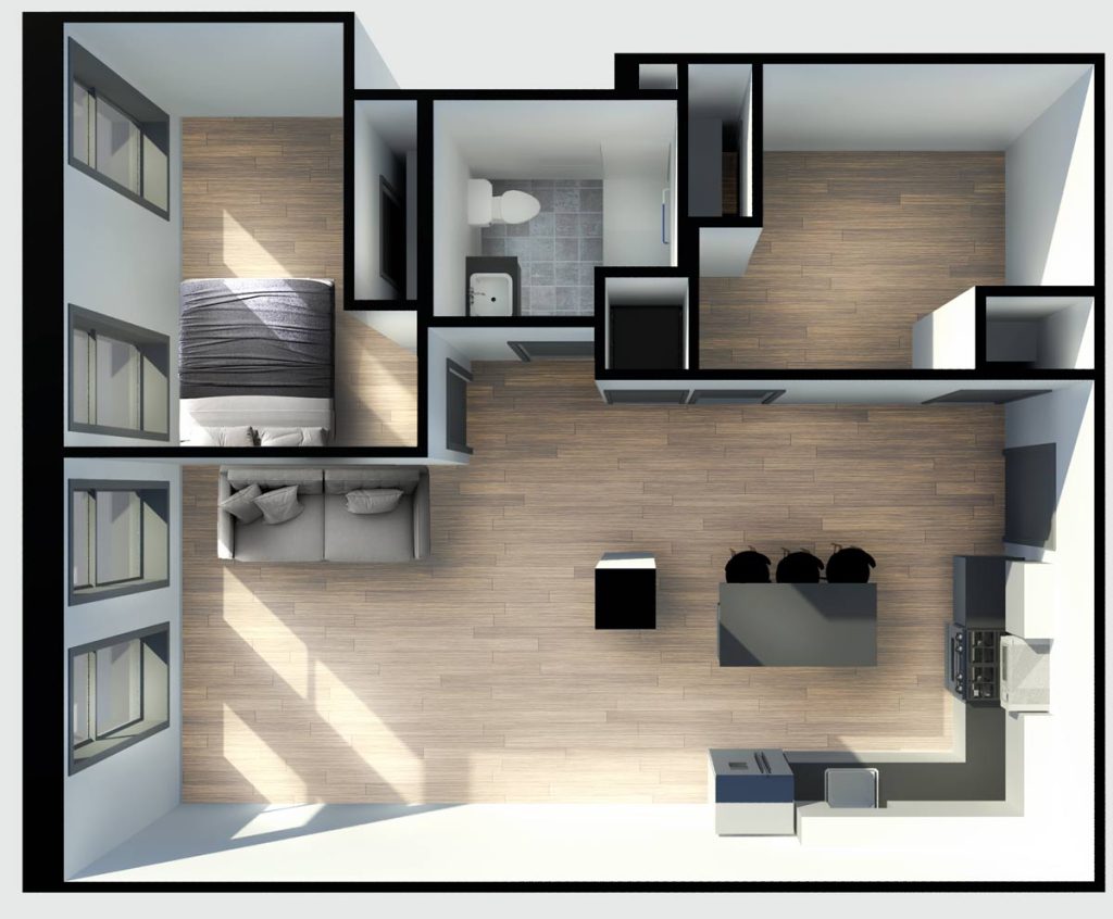 3D floor plan showing a one-bedroom apartment with an open living area, kitchen island, sofa, bed, bathroom, and large windows along one side. Light wood floors and minimal furnishings.
