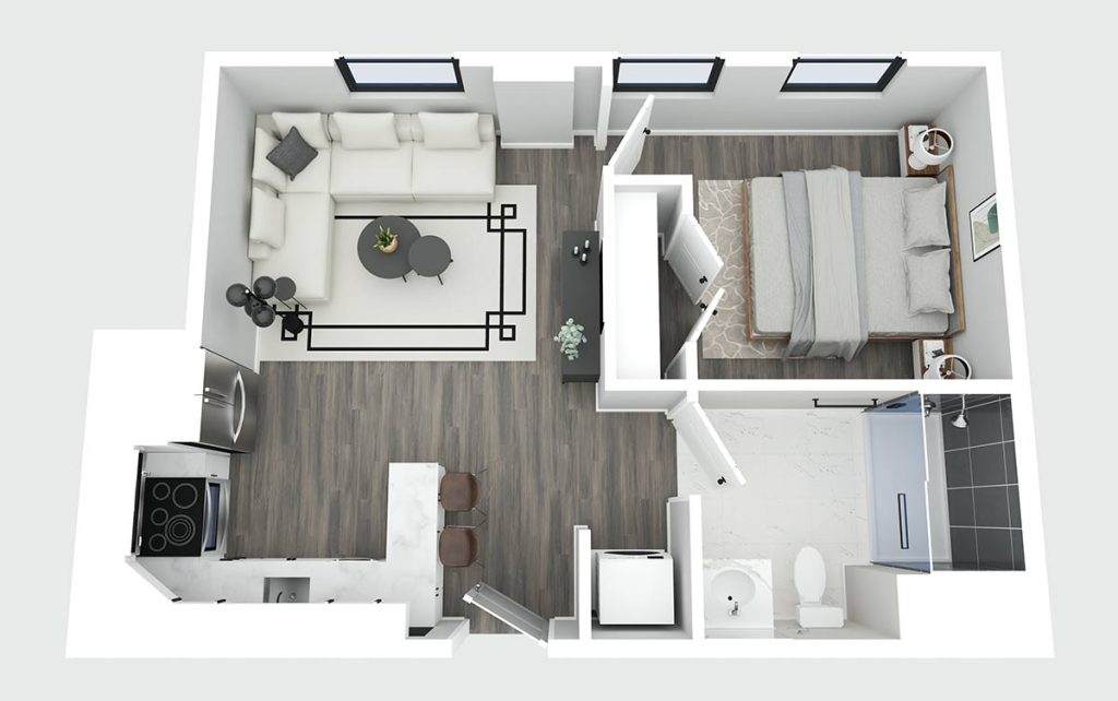 3D floor plan of a one-bedroom apartment with a living room, kitchen, bathroom, and bedroom. The living room has a sofa and tables; the kitchen includes appliances and barstools. The bathroom has a shower, sink, and toilet.