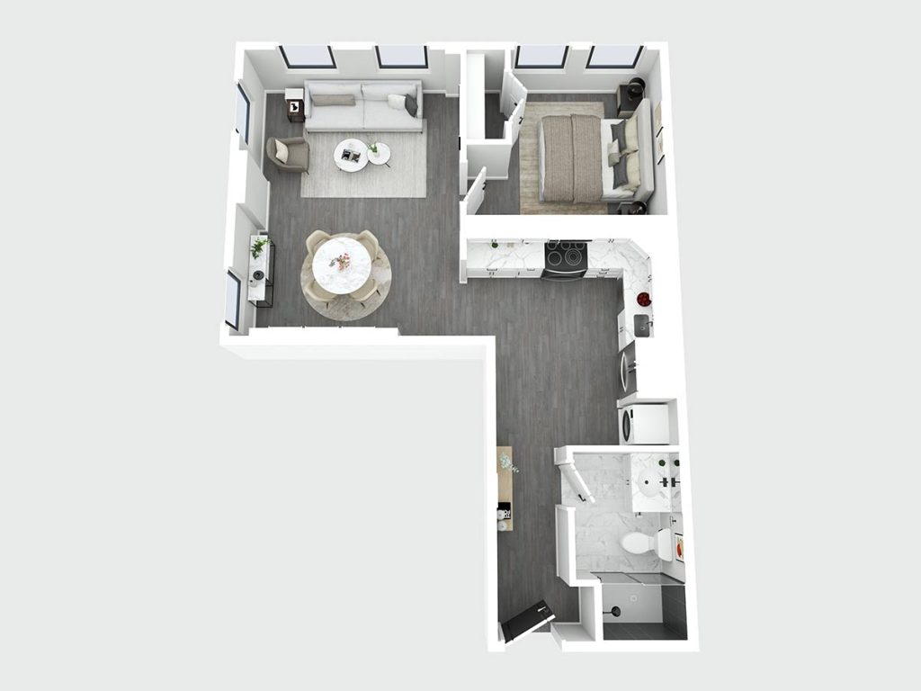 3D floor plan of a one-bedroom apartment with a living room, kitchen, dining area, bathroom, and bedroom, featuring gray flooring and white walls.