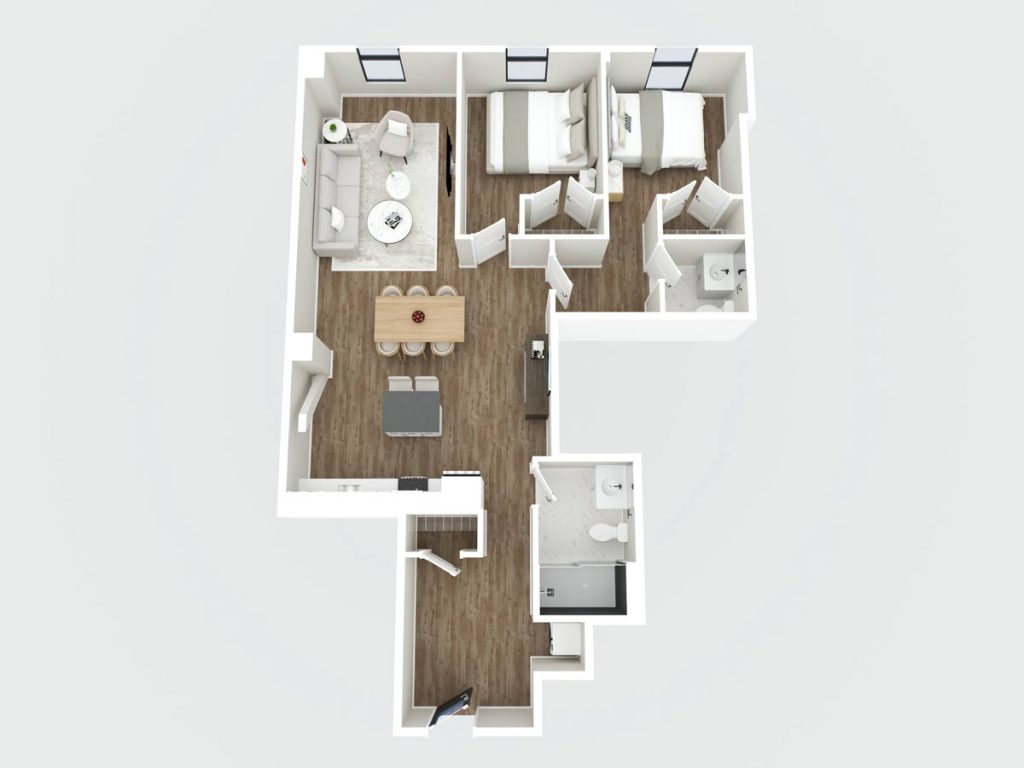 3D floor plan of a two-bedroom apartment with a living room, dining area, kitchen, and two bathrooms. The space features wood flooring and modern furnishings.