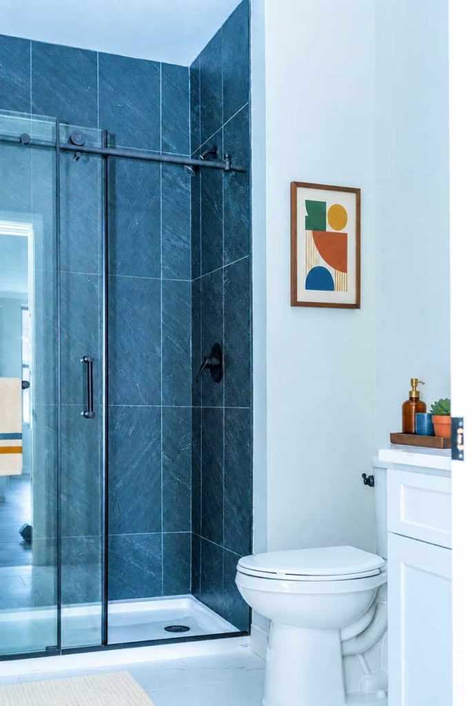 Modern bathroom with a glass-enclosed shower, dark tile walls, a white toilet, a white vanity, and a colorful abstract art piece on the wall. Brown soap dispenser and small potted plant on the counter.